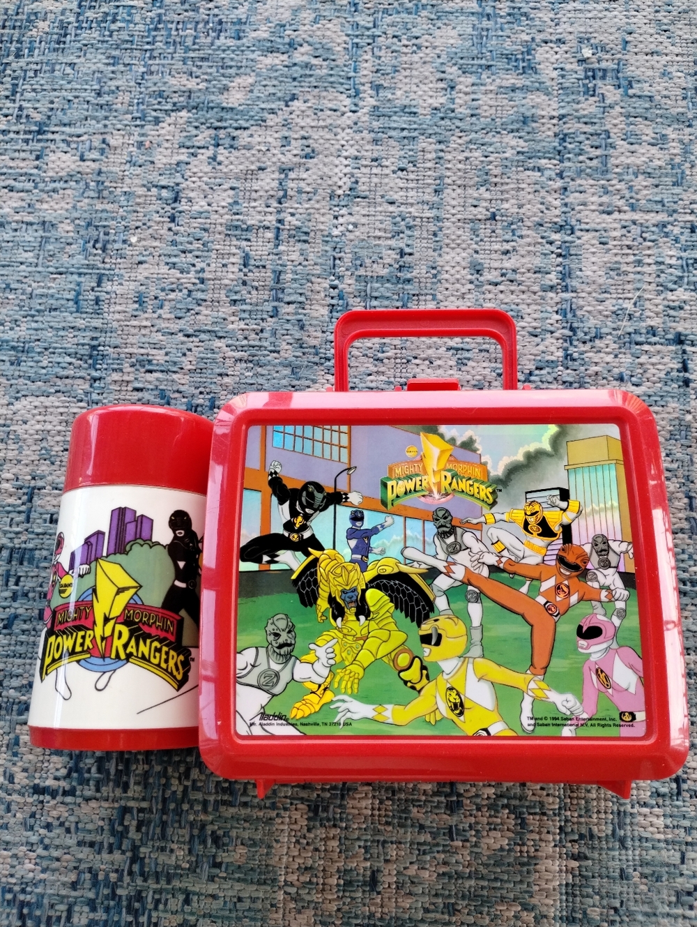 1993 Aladdin Power Rangers Red Plastic Lunchbox and Thermos Set